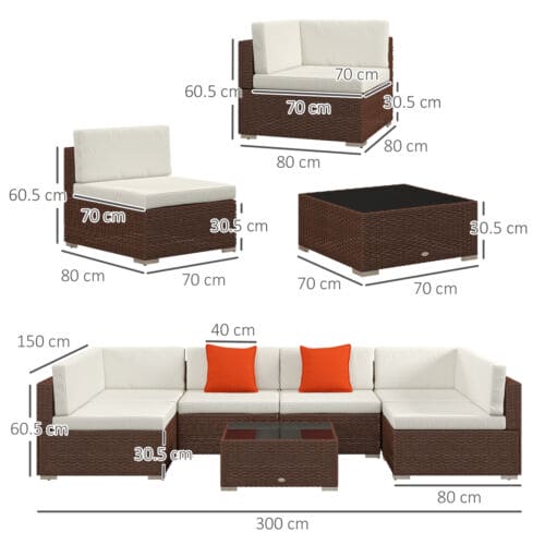 Image of an Outsunny 6 Seat Rattan Sofa With Table, Brown With Beige Cushions