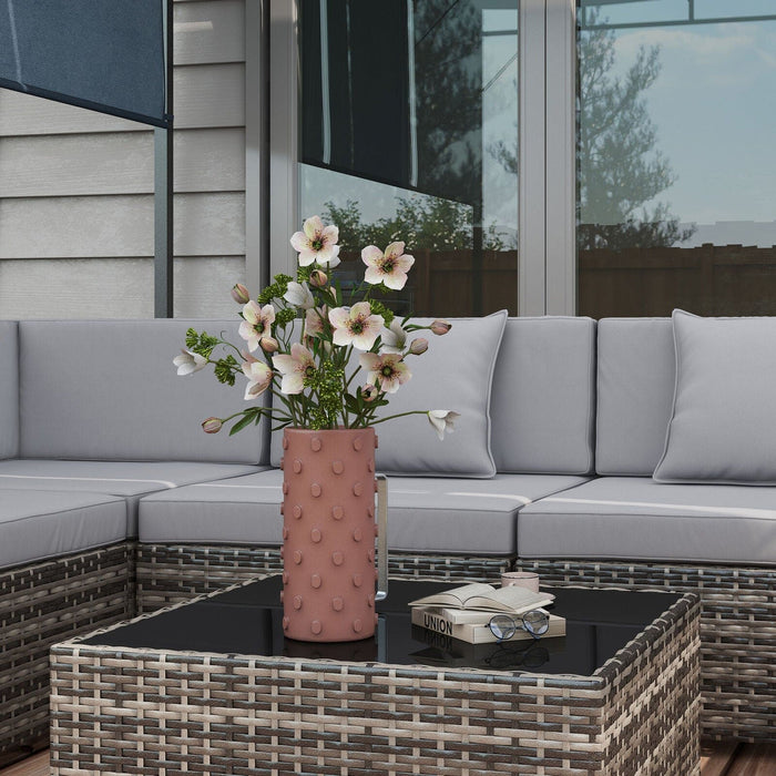 Image of an Outsunny 6 Seat Rattan Sofa With Table, Mixed Grey With Grey Cushions