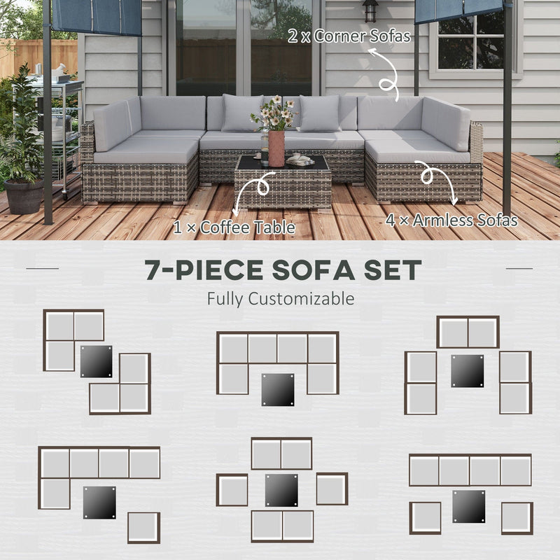 Image of an Outsunny 6 Seat Rattan Sofa With Table, Mixed Grey With Grey Cushions
