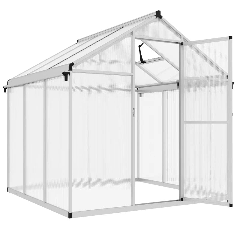 Image of an Outsunny Walk in polycarbonate greenhouse with a window on the roof and a sliding door at the front