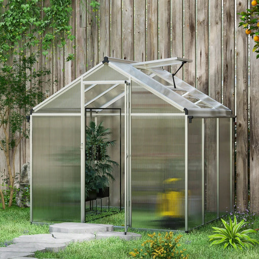 Image of an Outsunny Walk in polycarbonate greenhouse with a window on the roof and a sliding door at the front