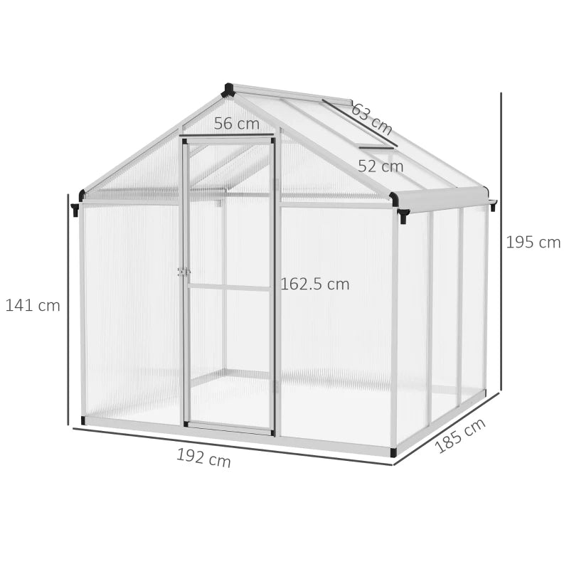Image of an Outsunny Walk in polycarbonate greenhouse with a window on the roof and a sliding door at the front