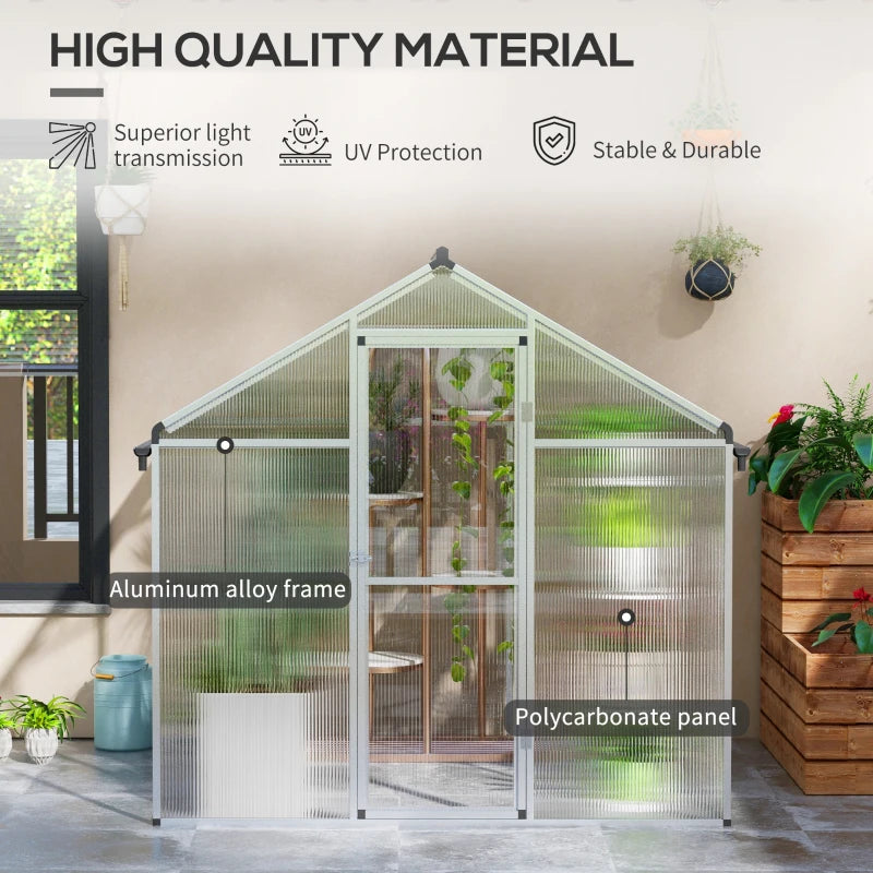 Image of an Outsunny Walk in polycarbonate greenhouse with a window on the roof and a sliding door at the front