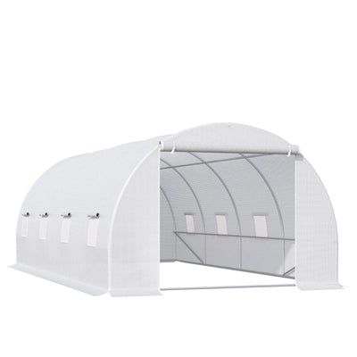 Image of a white poly tunnel greenhouse with windows and a large roller door at the front
