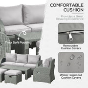 Image of an Outsunny 7 Seater Rattan Garden Furniture Set With Coffee Table Footstools and Reclining Armchairs Grey Rattan and Light Grey Cushions