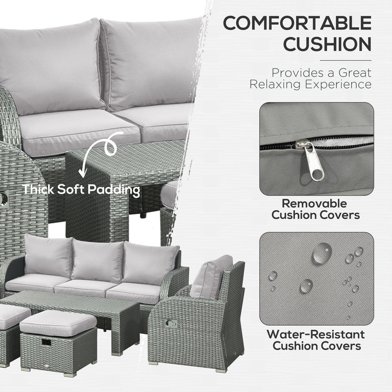 Image of an Outsunny 7 Seater Rattan Garden Furniture Set With Coffee Table Footstools and Reclining Armchairs Grey Rattan and Light Grey Cushions
