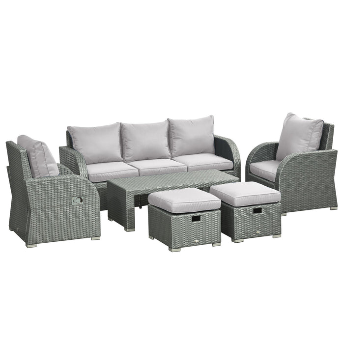 Image of an Outsunny 7 Seater Rattan Garden Furniture Set With Coffee Table Footstools and Reclining Armchairs Grey Rattan and Light Grey Cushions