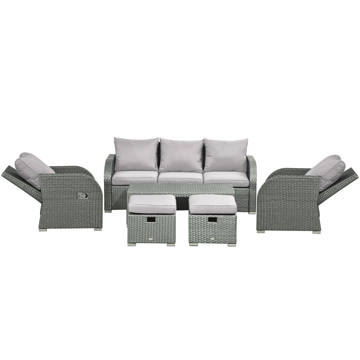 Image of an Outsunny 7 Seater Rattan Garden Furniture Set With Coffee Table Footstools and Reclining Armchairs Grey Rattan and Light Grey Cushions