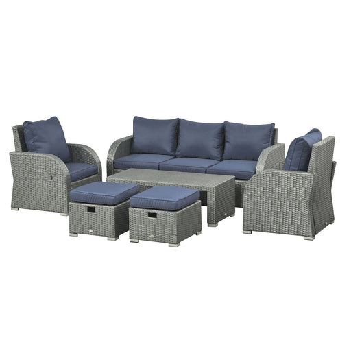 Image of an Outsunny 7 Seater Rattan Garden Furniture Set With Coffee Table Footstools and Reclining Armchairs Grey and Blue