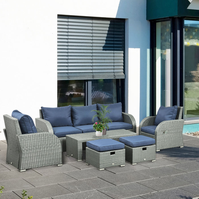 Image of an Outsunny 7 Seater Rattan Garden Furniture Set With Coffee Table Footstools and Reclining Armchairs Grey and Blue