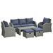 Image of an Outsunny 7 Seater Rattan Garden Furniture Set With Coffee Table Footstools and Reclining Armchairs Grey and Blue