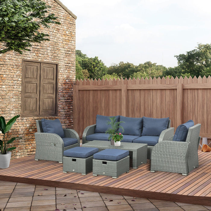 Image of an Outsunny 7 Seater Rattan Garden Furniture Set With Coffee Table Footstools and Reclining Armchairs Grey and Blue