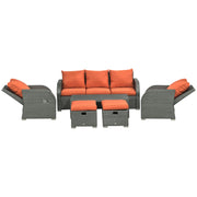 Image of an Outsunny 7 Seater Rattan Garden Furniture Set With Coffee Table Footstools and Reclining Armchairs Grey Rattan and Vibrant Orange Cushions