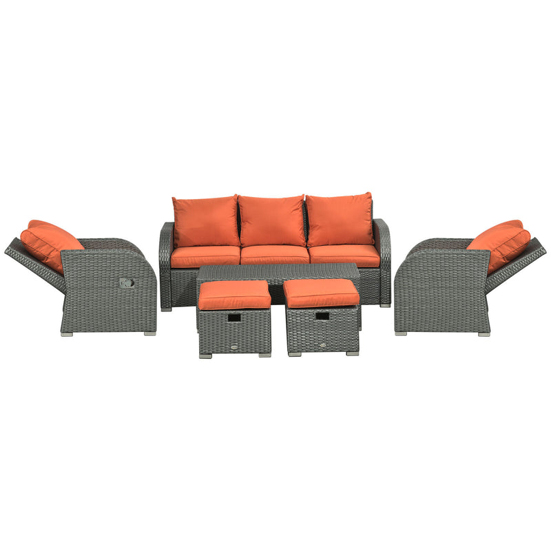 Image of an Outsunny 7 Seater Rattan Garden Furniture Set With Coffee Table Footstools and Reclining Armchairs Grey Rattan and Vibrant Orange Cushions