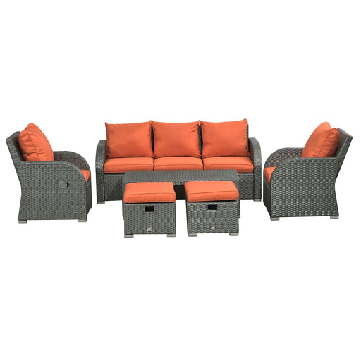Image of an Outsunny 7 Seater Rattan Garden Furniture Set With Coffee Table Footstools and Reclining Armchairs Grey Rattan and Vibrant Orange Cushions 