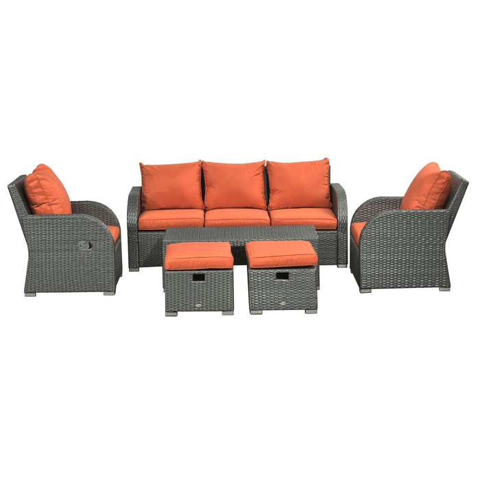 Image of an Outsunny 7 Seater Rattan Garden Furniture Set With Coffee Table Footstools and Reclining Armchairs Grey Rattan and Vibrant Orange Cushions 