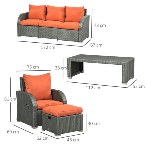 Image of an Outsunny 7 Seater Rattan Garden Furniture Set With Coffee Table Footstools and Reclining Armchairs Grey Rattan and Vibrant Orange Cushions