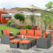 Image of an Outsunny 7 Seater Rattan Garden Furniture Set With Coffee Table Footstools and Reclining Armchairs Grey Rattan and Vibrant Orange Cushions