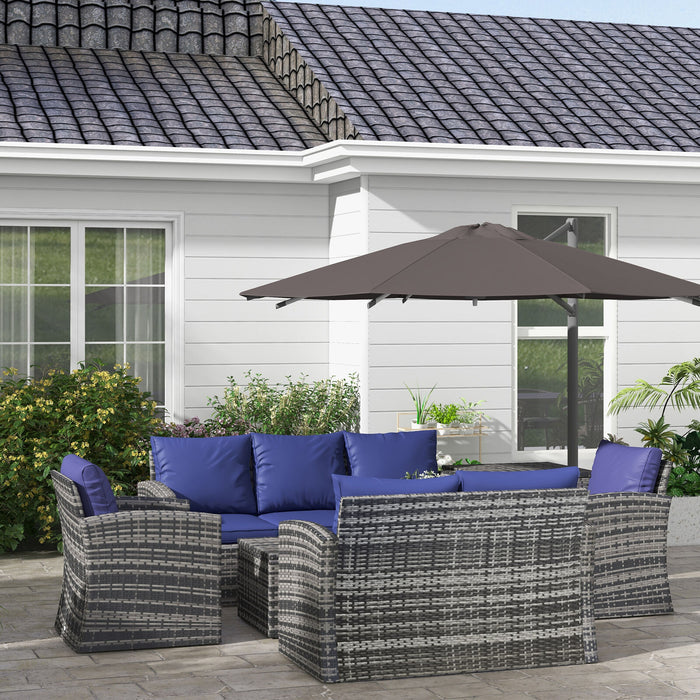 Image of an Outsunny Rattan Patio Furniture Set With Storage Box, Mixed Grey With Navy Cushions