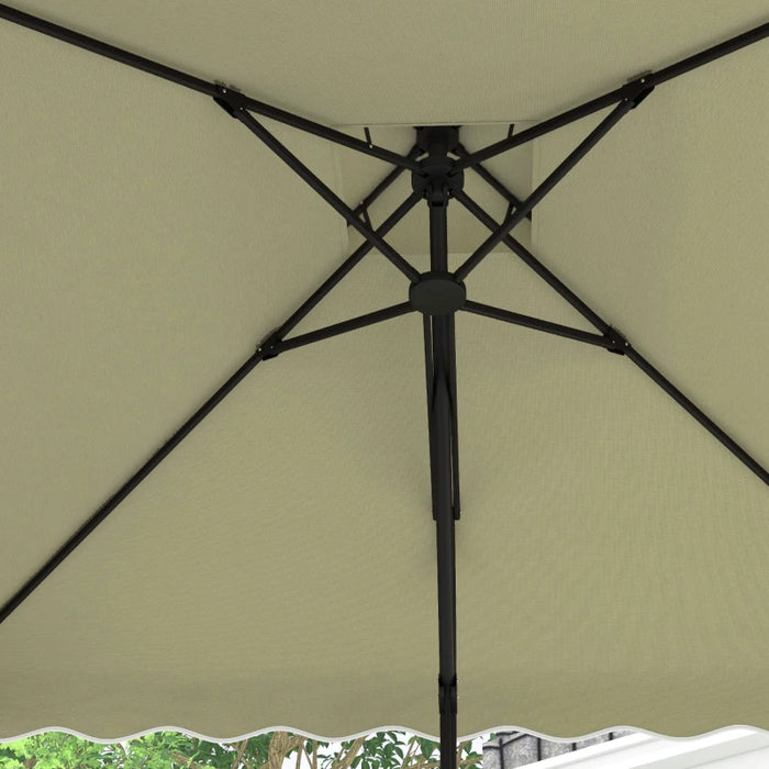 Image of a Beige Square Cantilever Parasol With Scalloped Edges And a Double Top Roof 