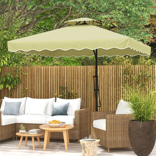 Image of a Beige Square Cantilever Parasol With Scalloped Edges And a Double Top Roof 