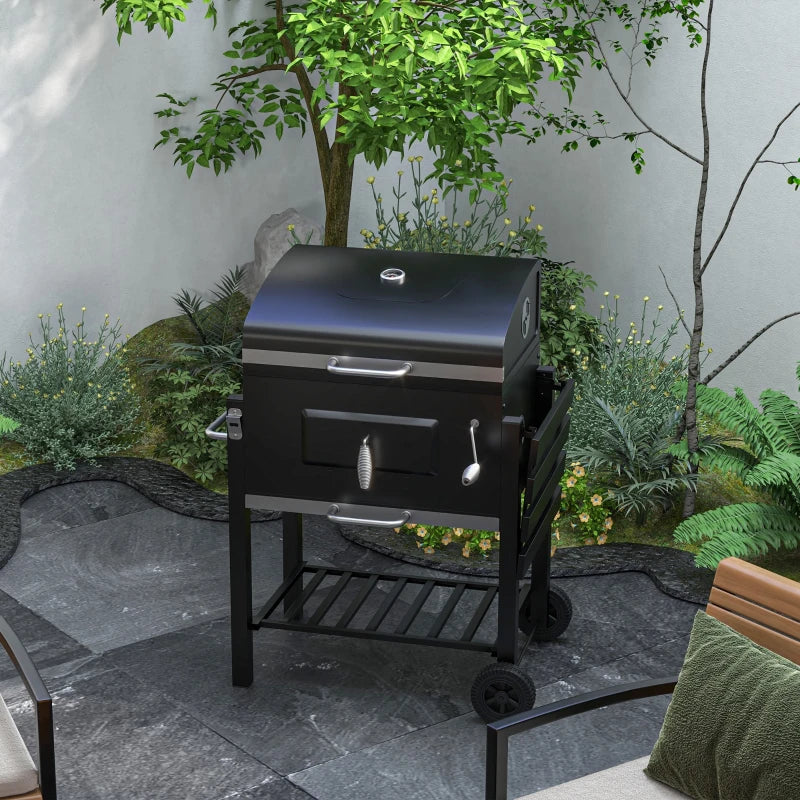 Image of a Charcoal BBQ With Smoker on Wheels, Black