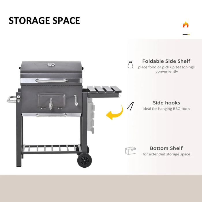 Image of a charcoal bbq on wheels with storage, a bottle opener, a thermometer and handles to adjust various features on the barbecue