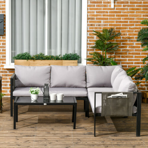 Image of an Outsunny Corner Sofa Patio Set With Tempered Glass Table, Grey