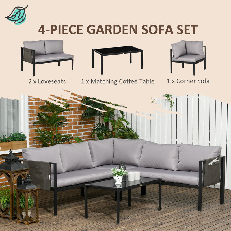 Image of an Outsunny Corner Sofa Patio Set With Tempered Glass Table, Grey