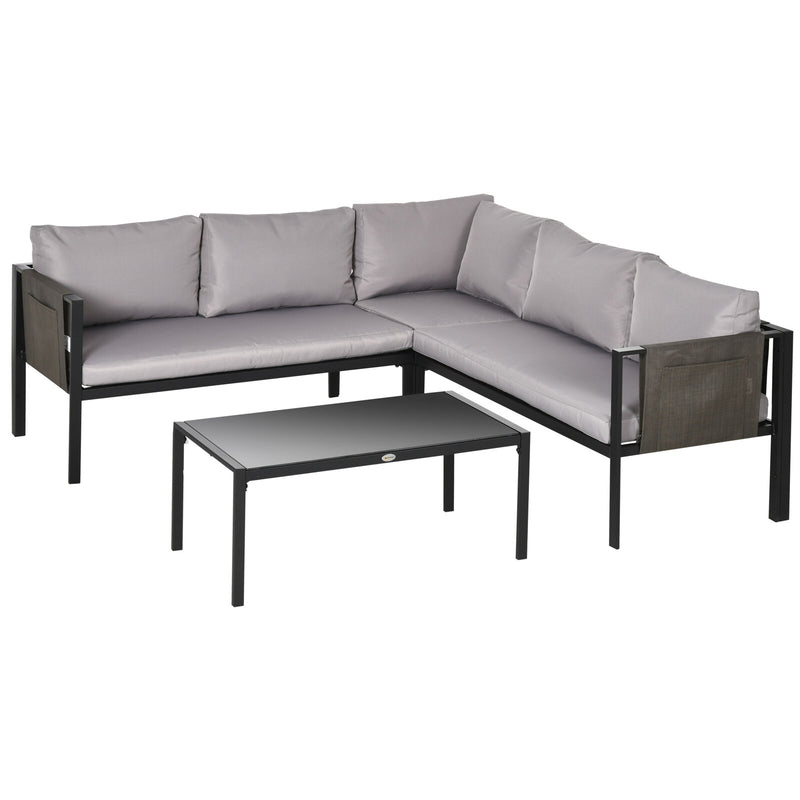 Image of an Outsunny Corner Sofa Patio Set With Tempered Glass Table, Grey