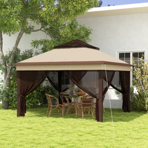 Image of an Outsunny 3x3 Pop Up Garden Gazebo With Mesh Sides, 2-Tier Roof, Beige