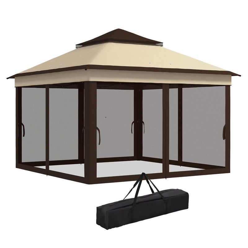 Image of an Outsunny 3x3 Pop Up Garden Gazebo With Mesh Sides, 2-Tier Roof, Beige