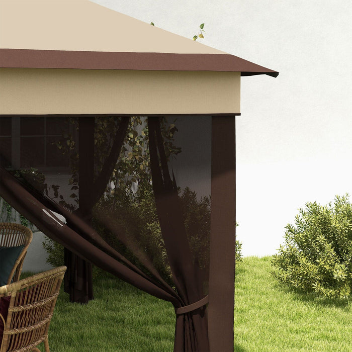 Image of an Outsunny 3x3 Pop Up Garden Gazebo With Mesh Sides, 2-Tier Roof, Beige