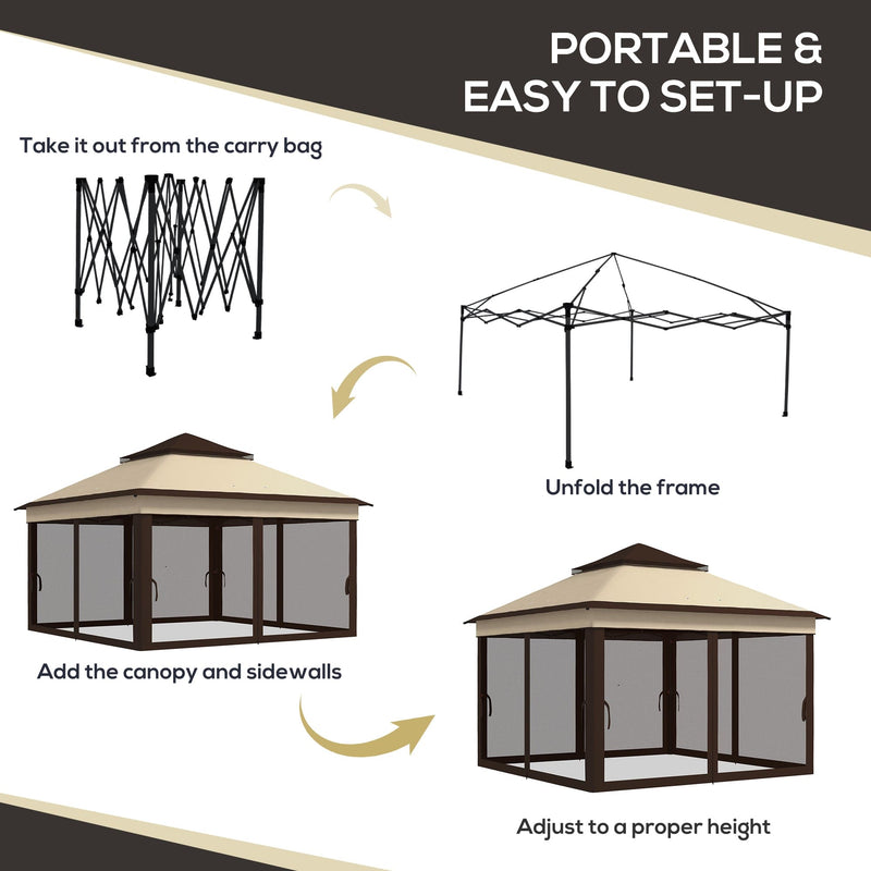 Image of an Outsunny 3x3 Pop Up Garden Gazebo With Mesh Sides, 2-Tier Roof, Beige