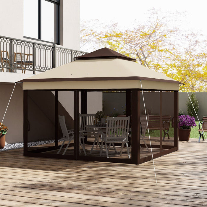Image of an Outsunny 3x3 Pop Up Garden Gazebo With Mesh Sides, 2-Tier Roof, Beige