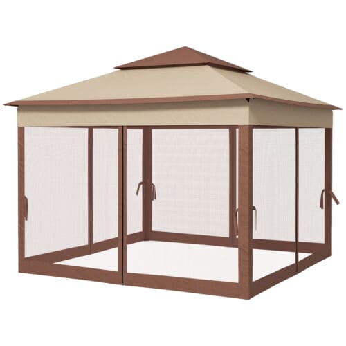 Image of an Outsunny Deluxe Pop Up Garden Gazebo With Mesh Sides, Khaki