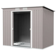 Image of a light grey metal garden storage storage with a sloped roof and double sliding doors on the front