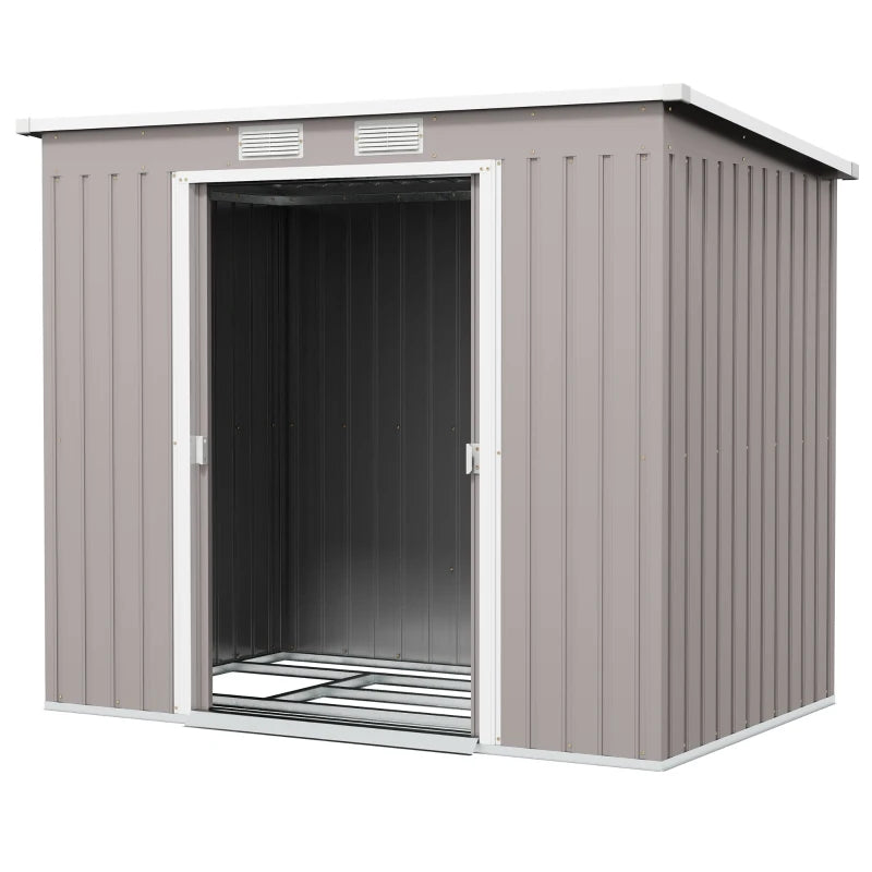 Image of a light grey metal garden storage storage with a sloped roof and double sliding doors on the front