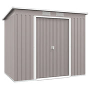 Image of a light grey metal garden storage storage with a sloped roof and double sliding doors on the front