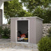 Image of a light grey metal garden storage storage with a sloped roof and double sliding doors on the front