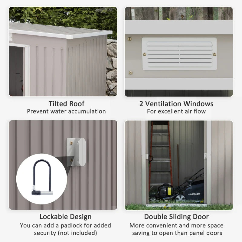 Image of a light grey metal garden storage storage with a sloped roof and double sliding doors on the front