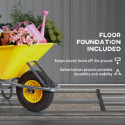 Image of a light grey metal garden storage storage with a sloped roof and double sliding doors on the front