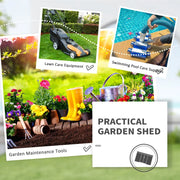 Image of a light grey metal garden storage storage with a sloped roof and double sliding doors on the front