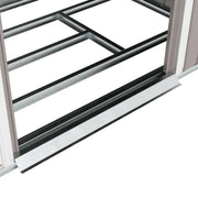 Image of a light grey metal garden storage storage with a sloped roof and double sliding doors on the front