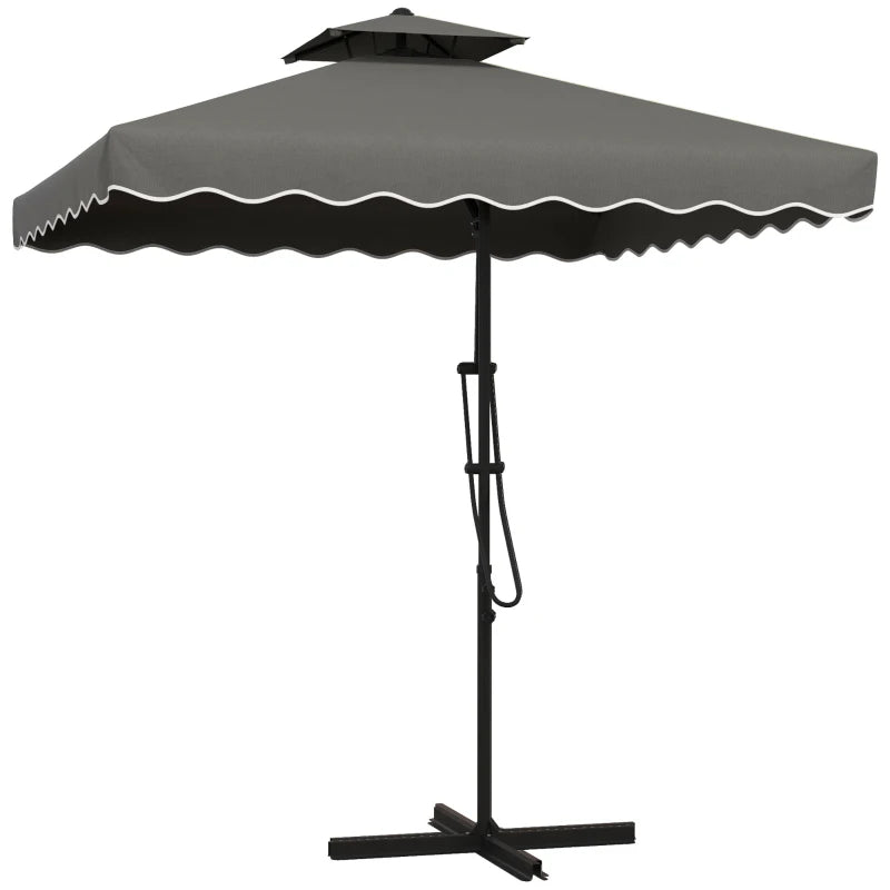 Image of a Grey Square Cantilever Parasol With White Scalloped Edges And a Double Top Roof 