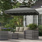 Image of a Grey Square Cantilever Parasol With White Scalloped Edges And a Double Top Roof 