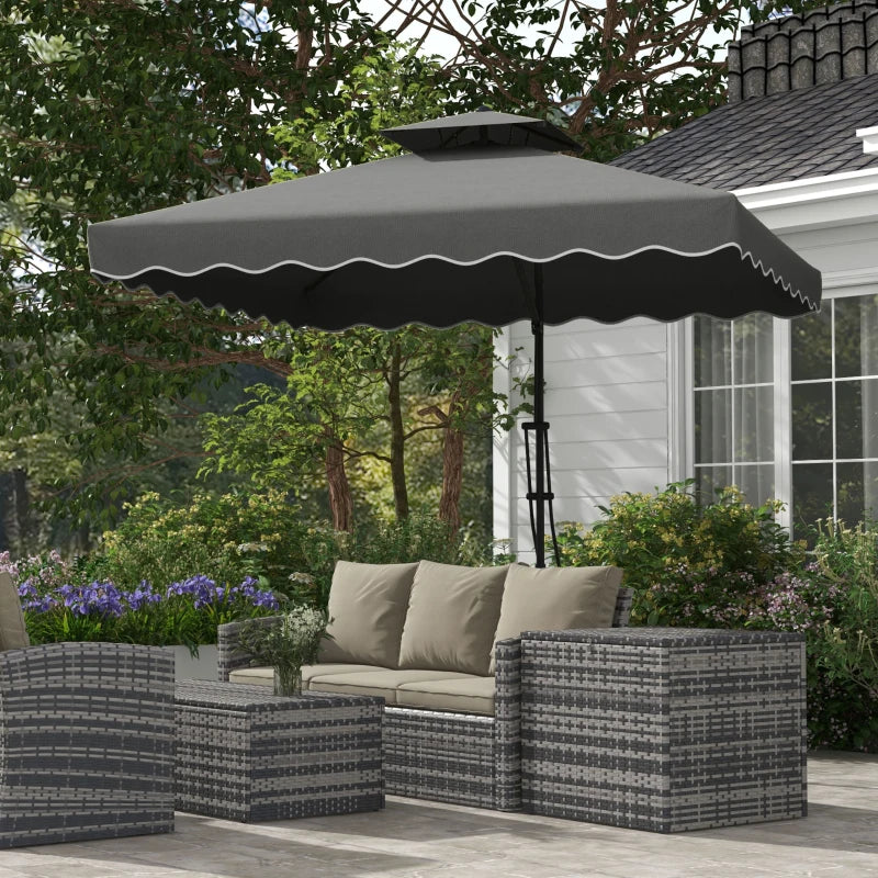 Image of a Grey Square Cantilever Parasol With White Scalloped Edges And a Double Top Roof 