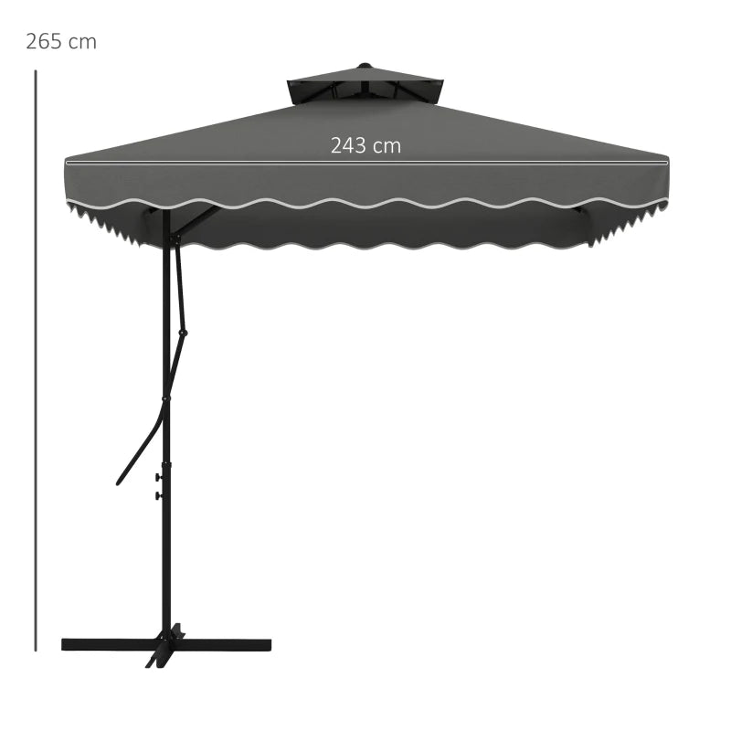 Image of a Grey Square Cantilever Parasol With White Scalloped Edges And a Double Top Roof 