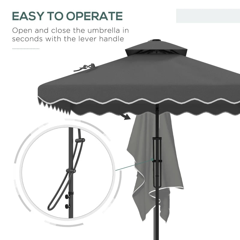 Image of a Grey Square Cantilever Parasol With White Scalloped Edges And a Double Top Roof 