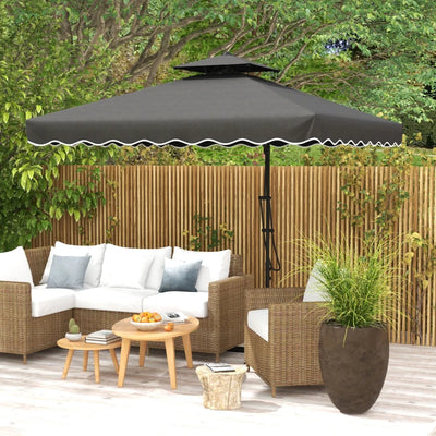 Image of a Grey Square Cantilever Parasol With White Scalloped Edges And a Double Top Roof 